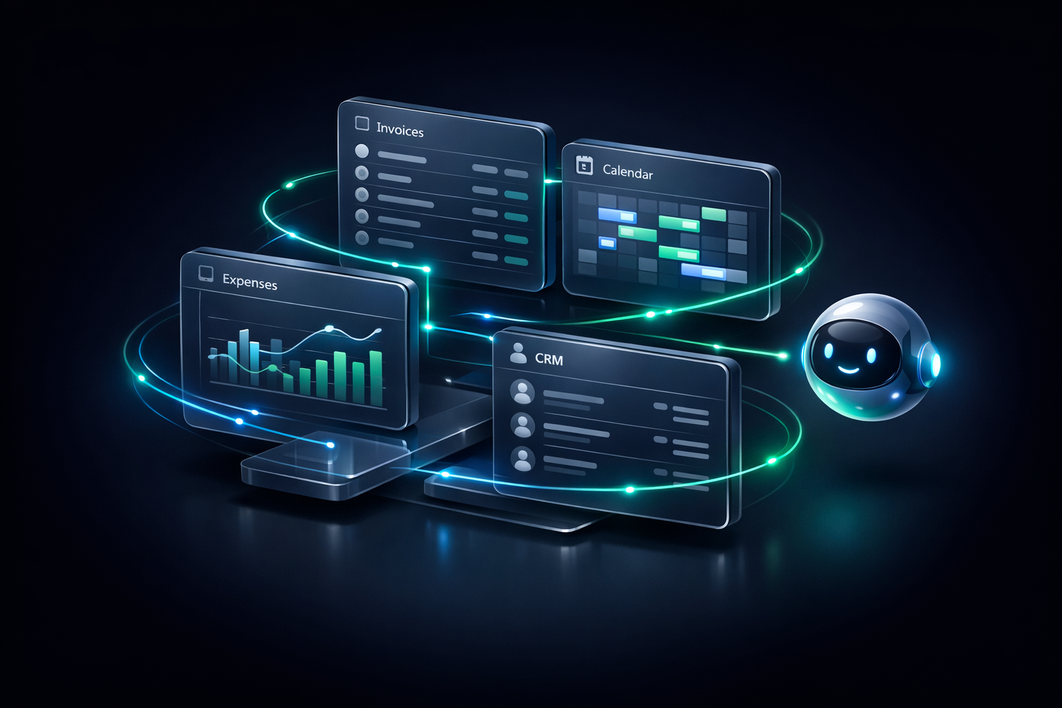 FutureSense dashboard showing invoices, bookings, and AI assistant