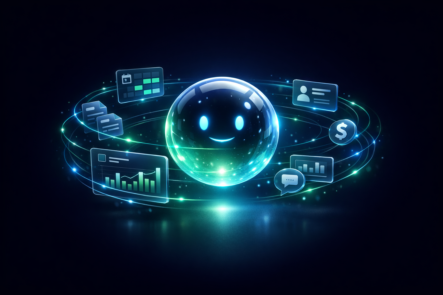 SenseBot AI assistant with business data orbiting around it